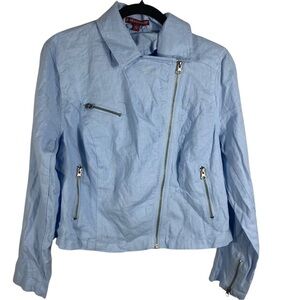 Jessica London Linen Blend Moto Jacket Baby Blue Zipper Details Sz 12